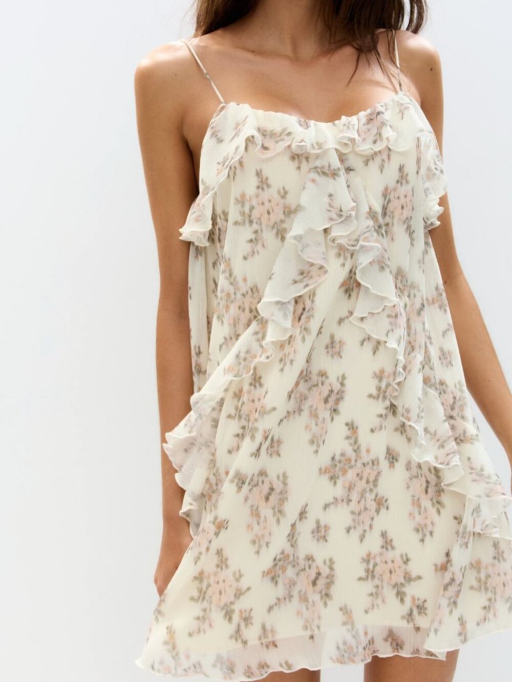 Pull&Bear Cream Floral Ruffle Mini Dress Spaghetti Strap Size Small